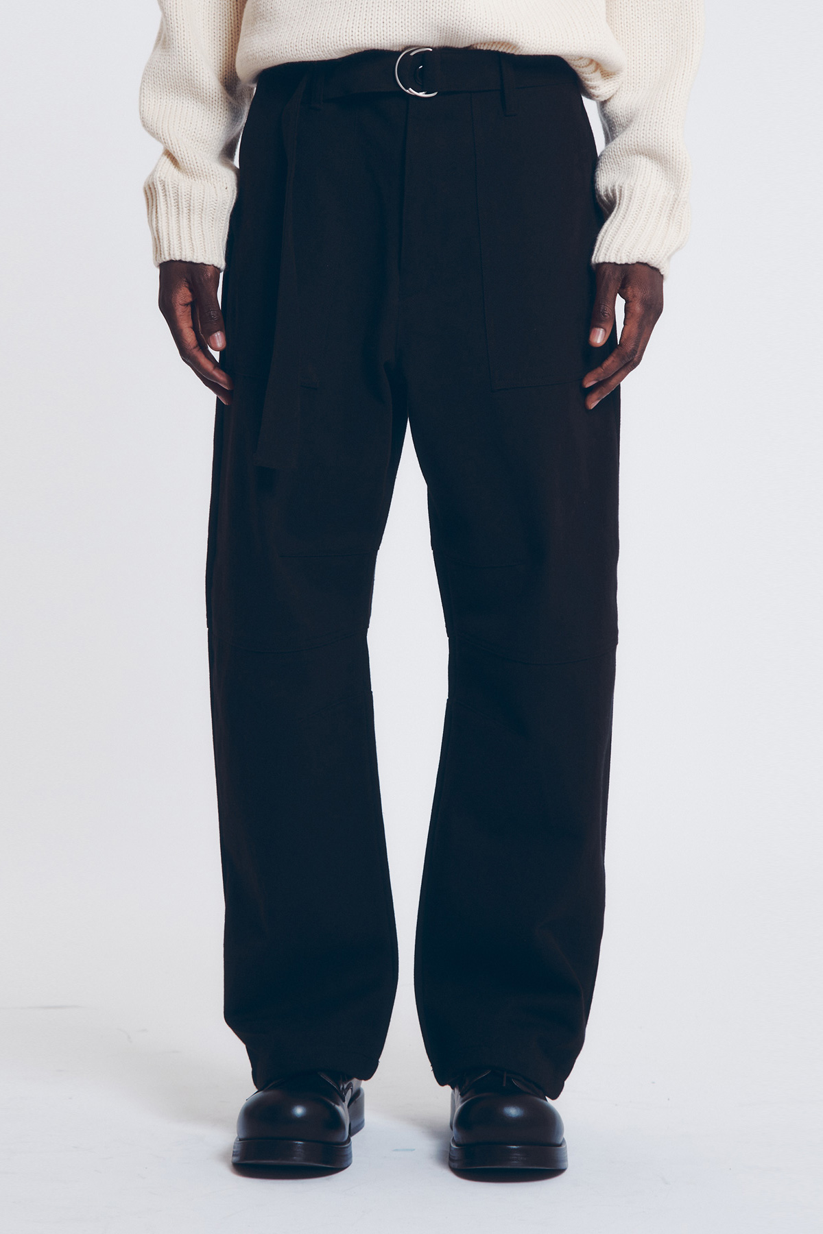 COTTON TWILL BELTED WORK PANTS (BLACK)